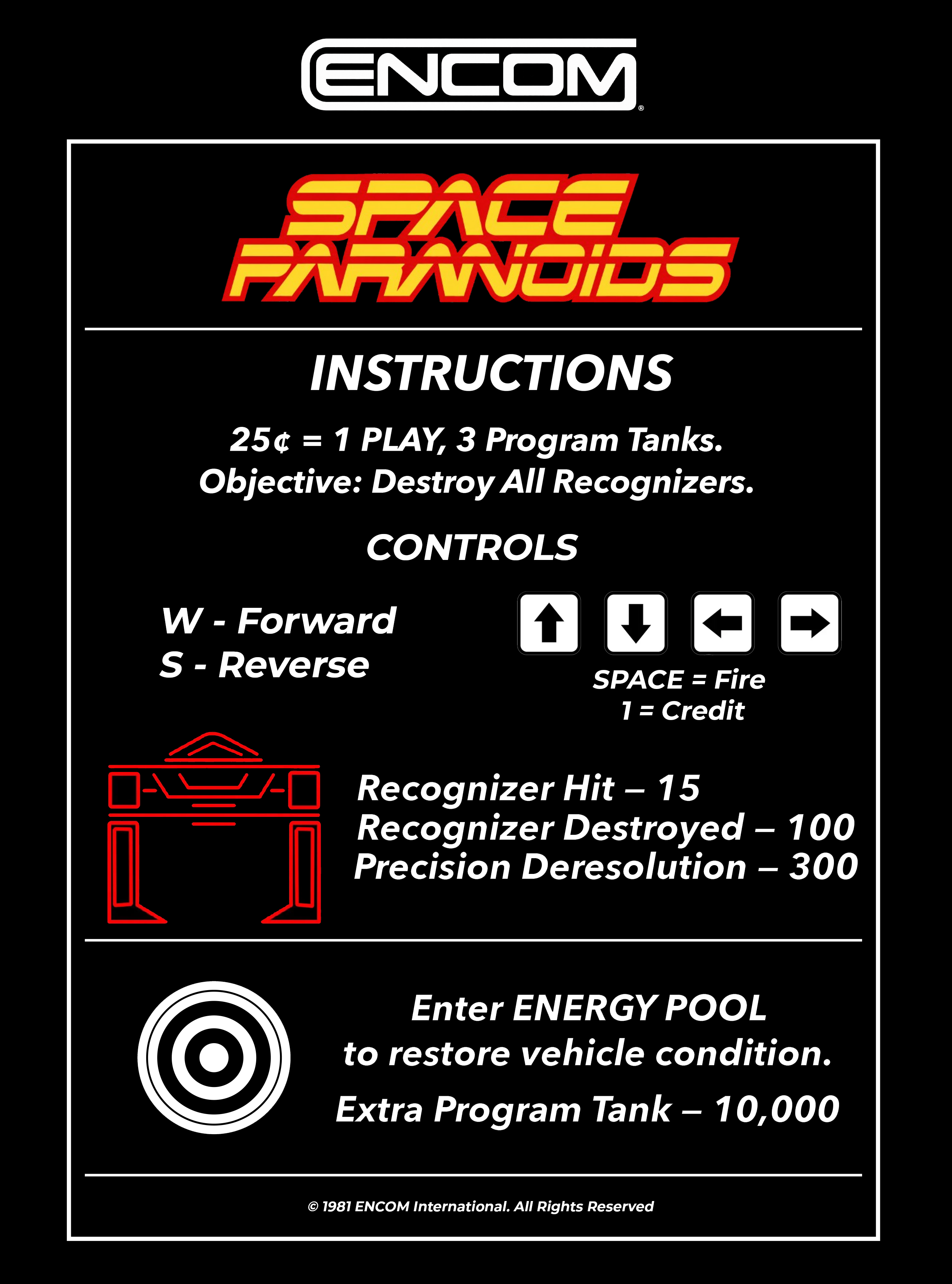 Space Paranoids instruction card: 25 cents = 1 play, 3 program tanks. Objective: destroy all recognizers. Controls: W forward, S reverse, arrow keys to steer, SPACE to fire, 1 for credit. Recognizer hit 15 points, recognizer destroyed 100, precision deresolution 300. Enter energy pool to restore vehicle condition. Extra program tank at 10,000.